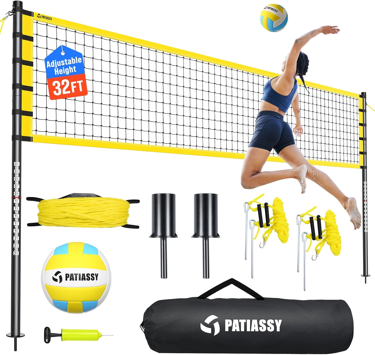 Patiassy ポータブルプロフェッショナルアウトドアバレーボールネットセット Outdoor Volleyball Net Set for Backyard & Beach, 32FT Regulation