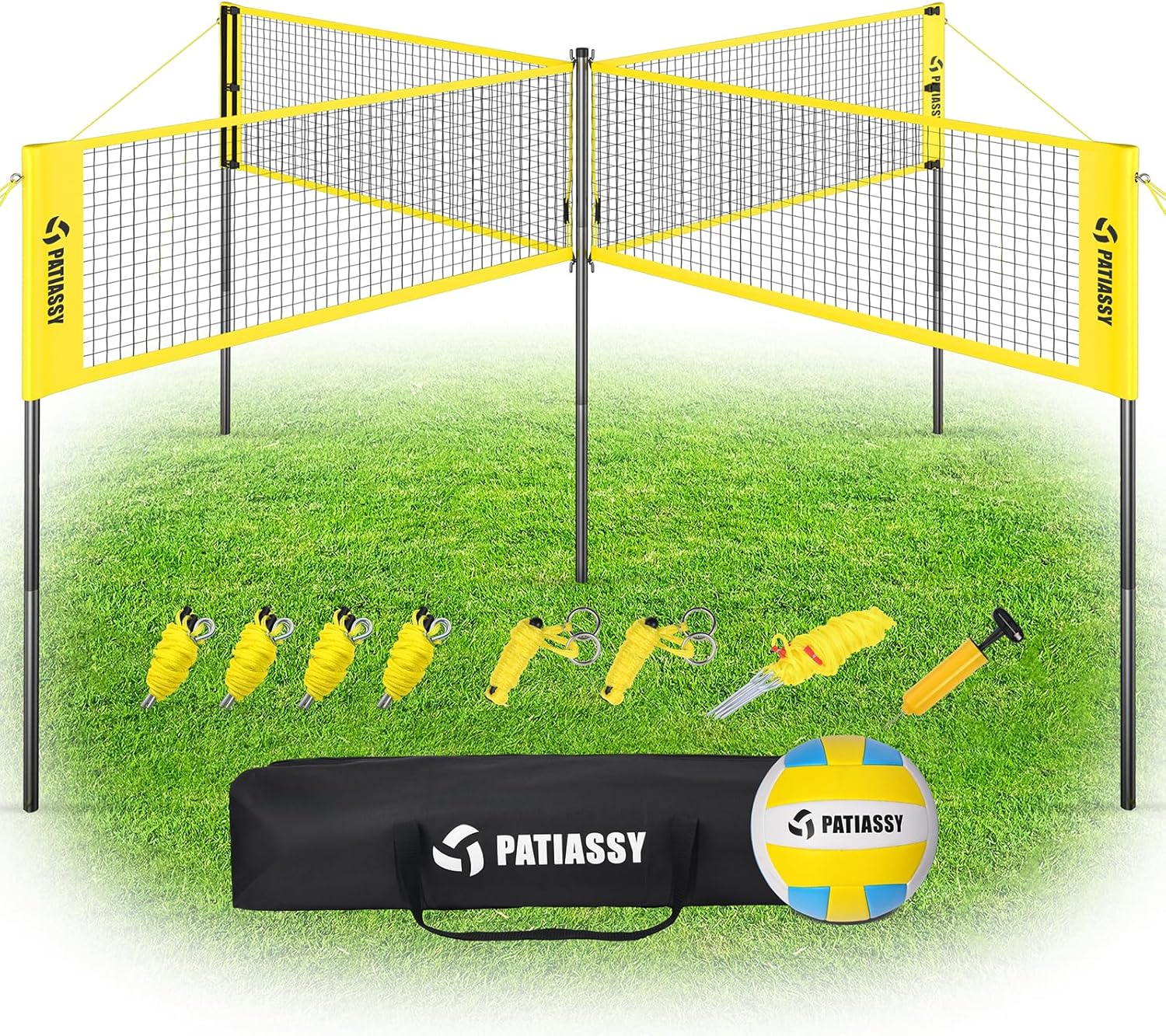4 Square Volleyball Game Set, 4 Way Net System with 16FT & 32FT Court, Adjustable Height Backyard Badminton Combo, Portable Outdoor Kit with Ball, Pump, Boundary Line, Carry Bag