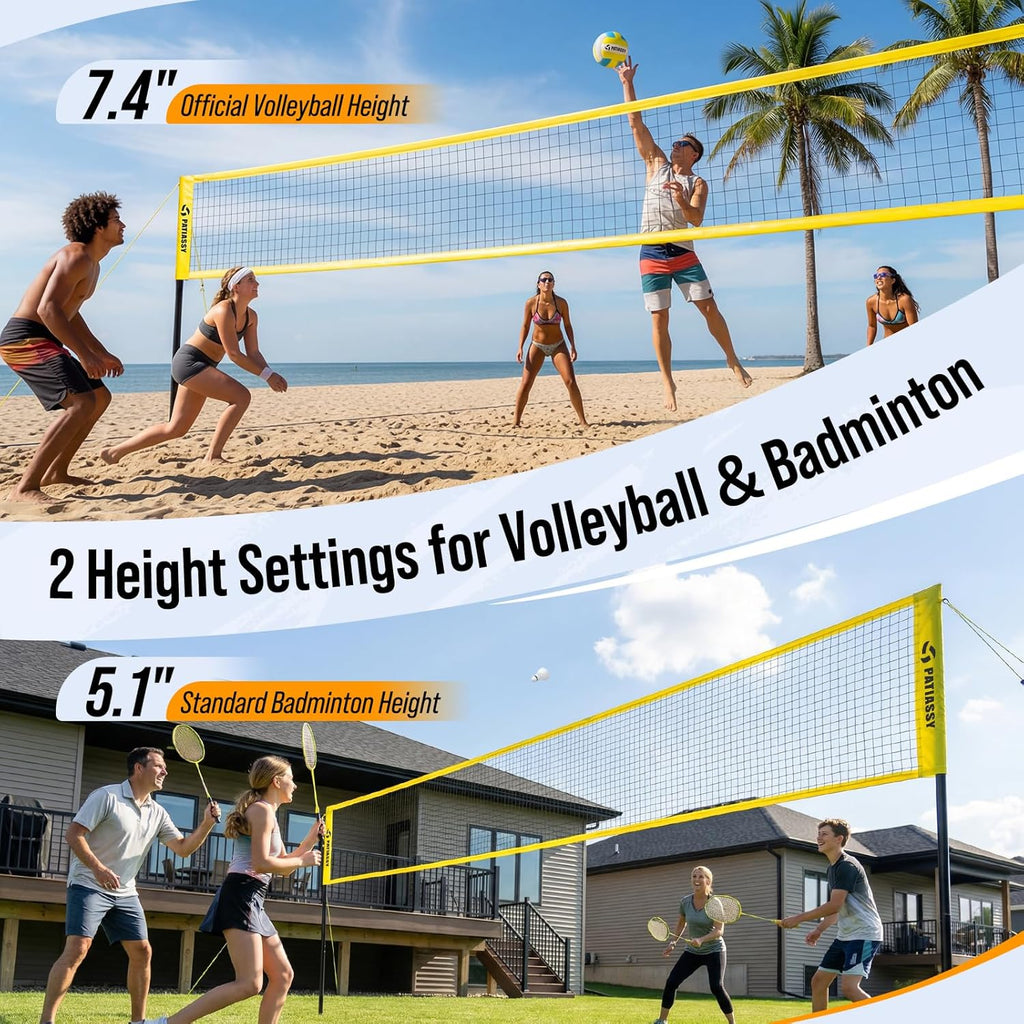 4 Square Volleyball Game Set, 4 Way Net System with 16FT & 32FT Court, Adjustable Height Backyard Badminton Combo, Portable Outdoor Kit with Ball, Pump, Boundary Line, Carry Bag