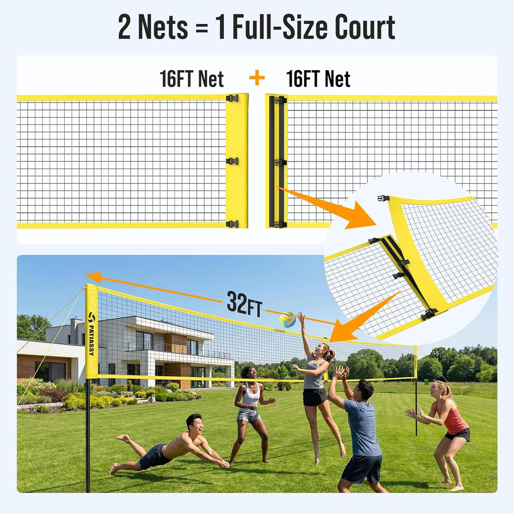 4 Square Volleyball Game Set, 4 Way Net System with 16FT & 32FT Court, Adjustable Height Backyard Badminton Combo, Portable Outdoor Kit with Ball, Pump, Boundary Line, Carry Bag