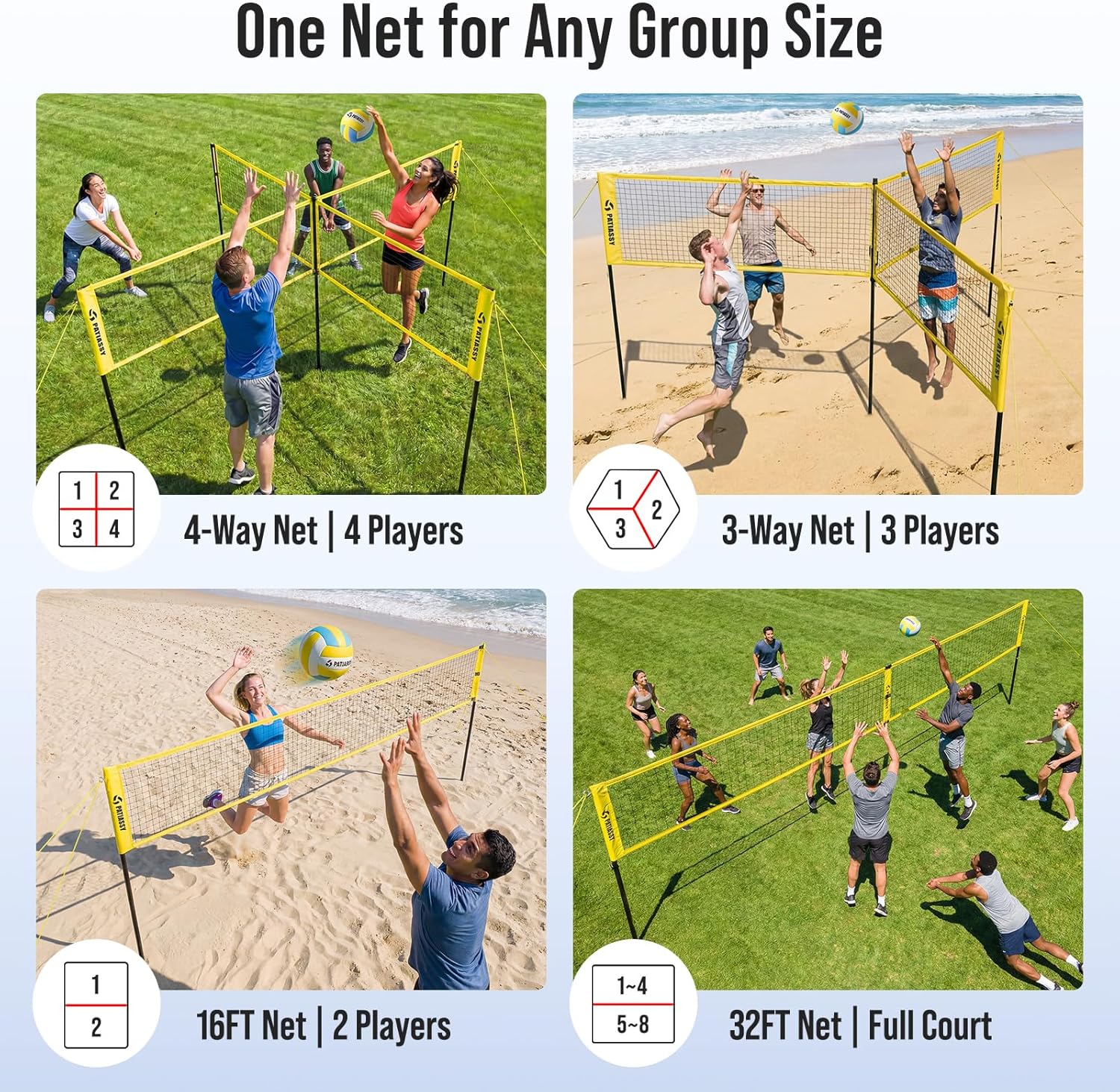 4 Square Volleyball Game Set, 4 Way Net System with 16FT & 32FT Court, Adjustable Height Backyard Badminton Combo, Portable Outdoor Kit with Ball, Pump, Boundary Line, Carry Bag