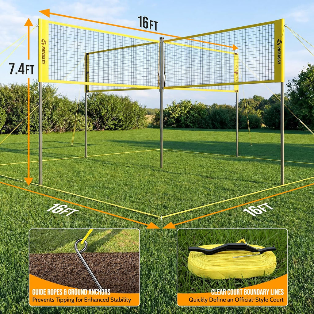 4 Square Volleyball Game Set, 4 Way Net System with 16FT & 32FT Court, Adjustable Height Backyard Badminton Combo, Portable Outdoor Kit with Ball, Pump, Boundary Line, Carry Bag