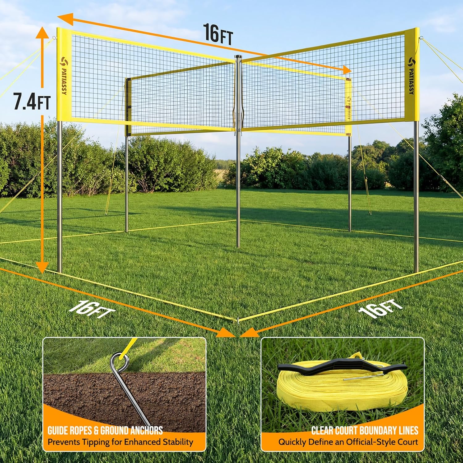 4 Square Volleyball Game Set, 4 Way Net System with 16FT & 32FT Court, Adjustable Height Backyard Badminton Combo, Portable Outdoor Kit with Ball, Pump, Boundary Line, Carry Bag
