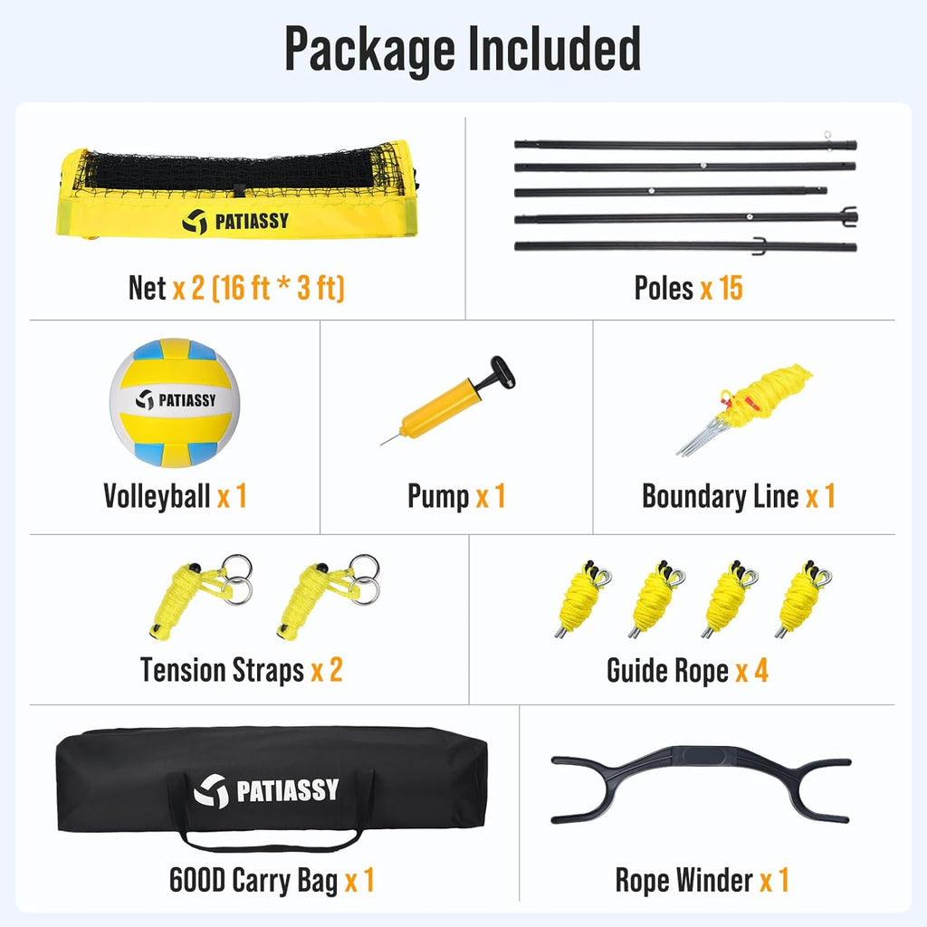 4 Square Volleyball Game Set, 4 Way Net System with 16FT & 32FT Court, Adjustable Height Backyard Badminton Combo, Portable Outdoor Kit with Ball, Pump, Boundary Line, Carry Bag
