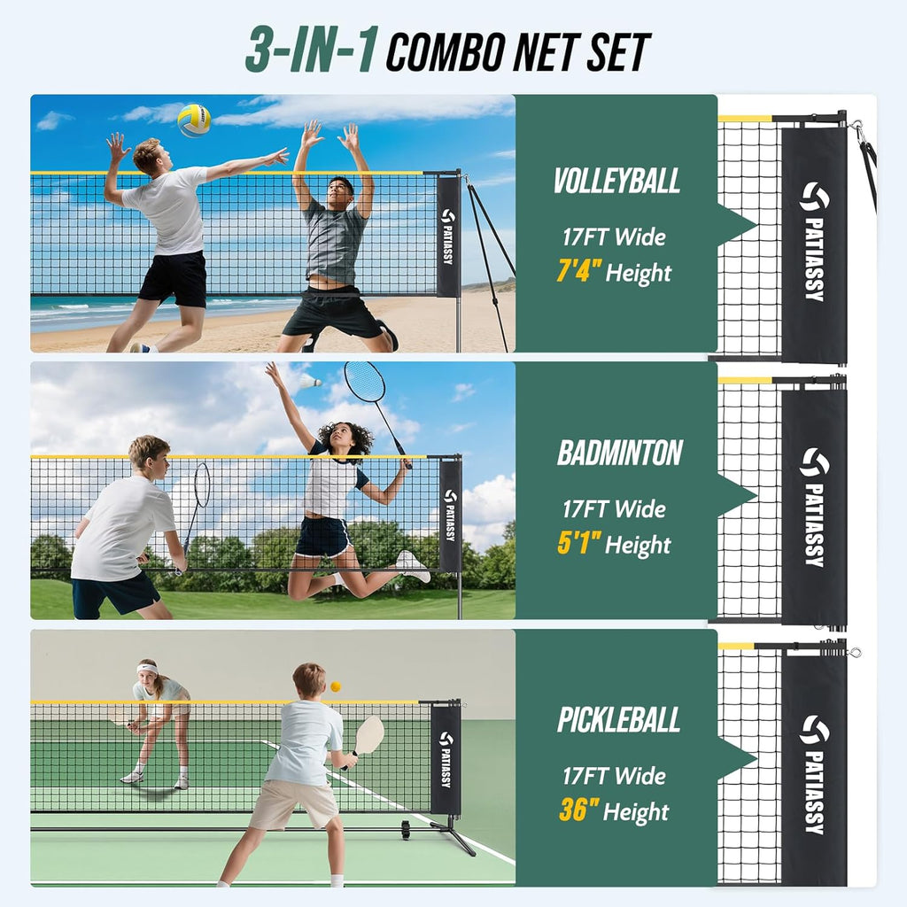 Volleyball Badminton Pickleball 3-in-1 Combo Net Set for Backyards, 5.1-7.4ft Adjustable Height Freestanding Indoor Sports Nets, Portable 17ft Outdoor Net with Carry Bag, Rackets and Balls