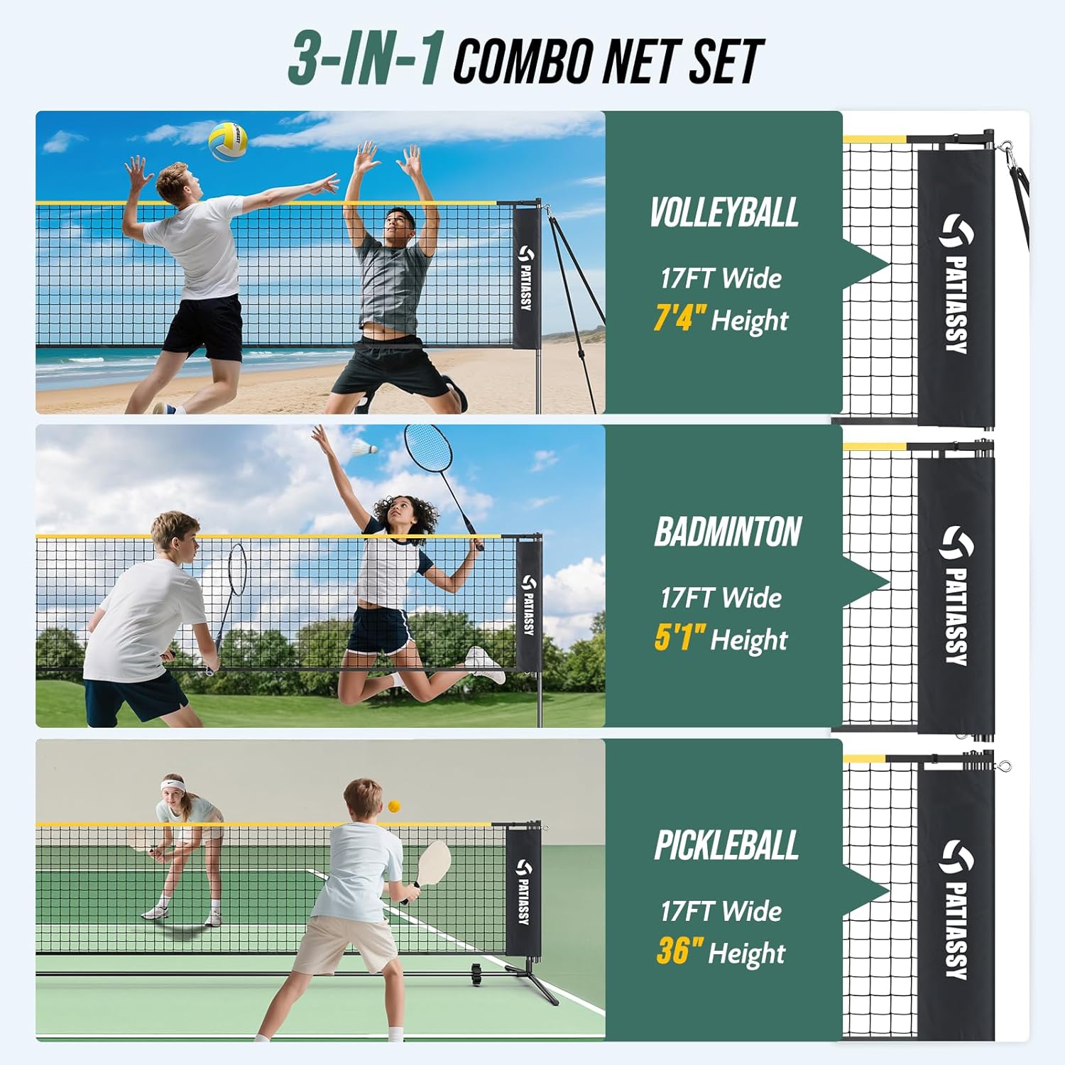 Volleyball Badminton Pickleball 3-in-1 Combo Net Set for Backyards, 5.1-7.4ft Adjustable Height Freestanding Indoor Sports Nets, Portable 17ft Outdoor Net with Carry Bag, Rackets and Balls
