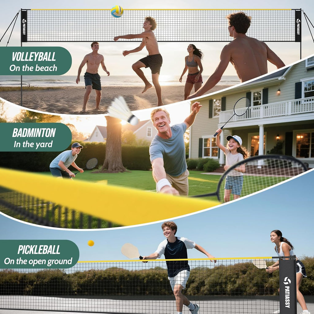 Volleyball Badminton Pickleball 3-in-1 Combo Net Set for Backyards, 5.1-7.4ft Adjustable Height Freestanding Indoor Sports Nets, Portable 17ft Outdoor Net with Carry Bag, Rackets and Balls