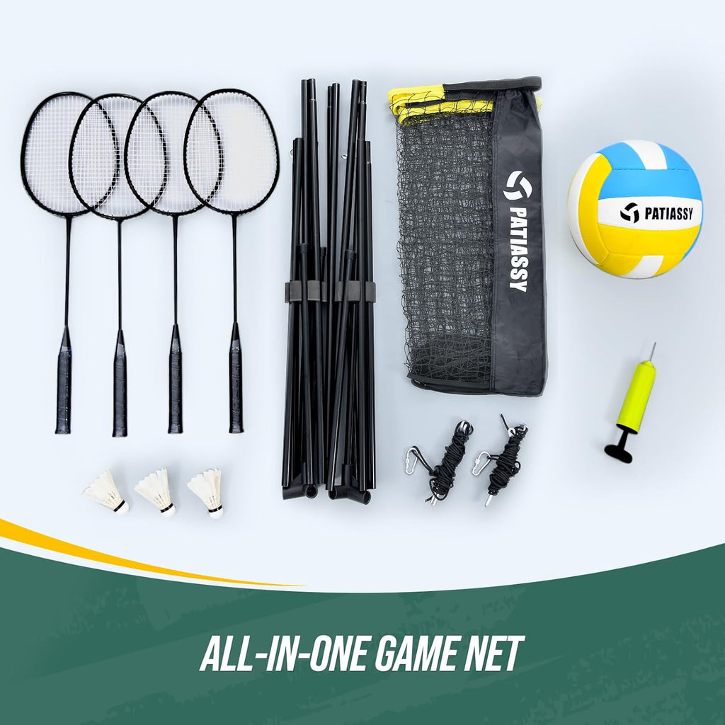 Volleyball Badminton Pickleball 3-in-1 Combo Net Set for Backyards, 5.1-7.4ft Adjustable Height Freestanding Indoor Sports Nets, Portable 17ft Outdoor Net with Carry Bag, Rackets and Balls