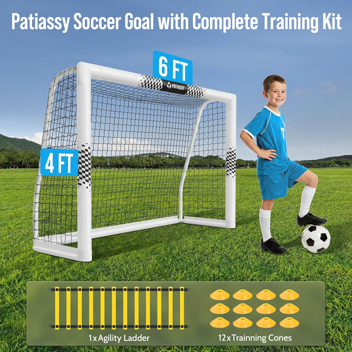 Soccer Goal for Backyard, 8x5/6x4 FT Heavy Duty Soccer Net with Safety Foam Padded Metal Post, Durable Goals with Training Set Agility Ladder & 12 Cones for Youth & Adults Practice