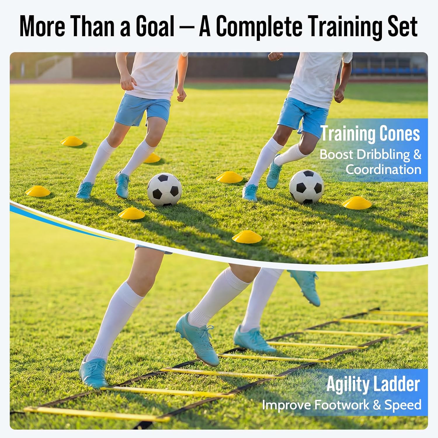 Soccer Goal for Backyard, 8x5/6x4 FT Heavy Duty Soccer Net with Safety Foam Padded Metal Post, Durable Goals with Training Set Agility Ladder & 12 Cones for Youth & Adults Practice