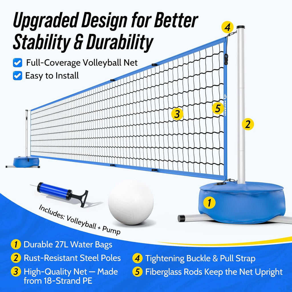 Pool Volleyball Net Set for Inground Pools, 15-30FT Adjustable Full-Coverage Net (No Gap Design), Pool Games for Adults and Family, Poolside Volleyball Nets with Ball, Pump, Weighted Base