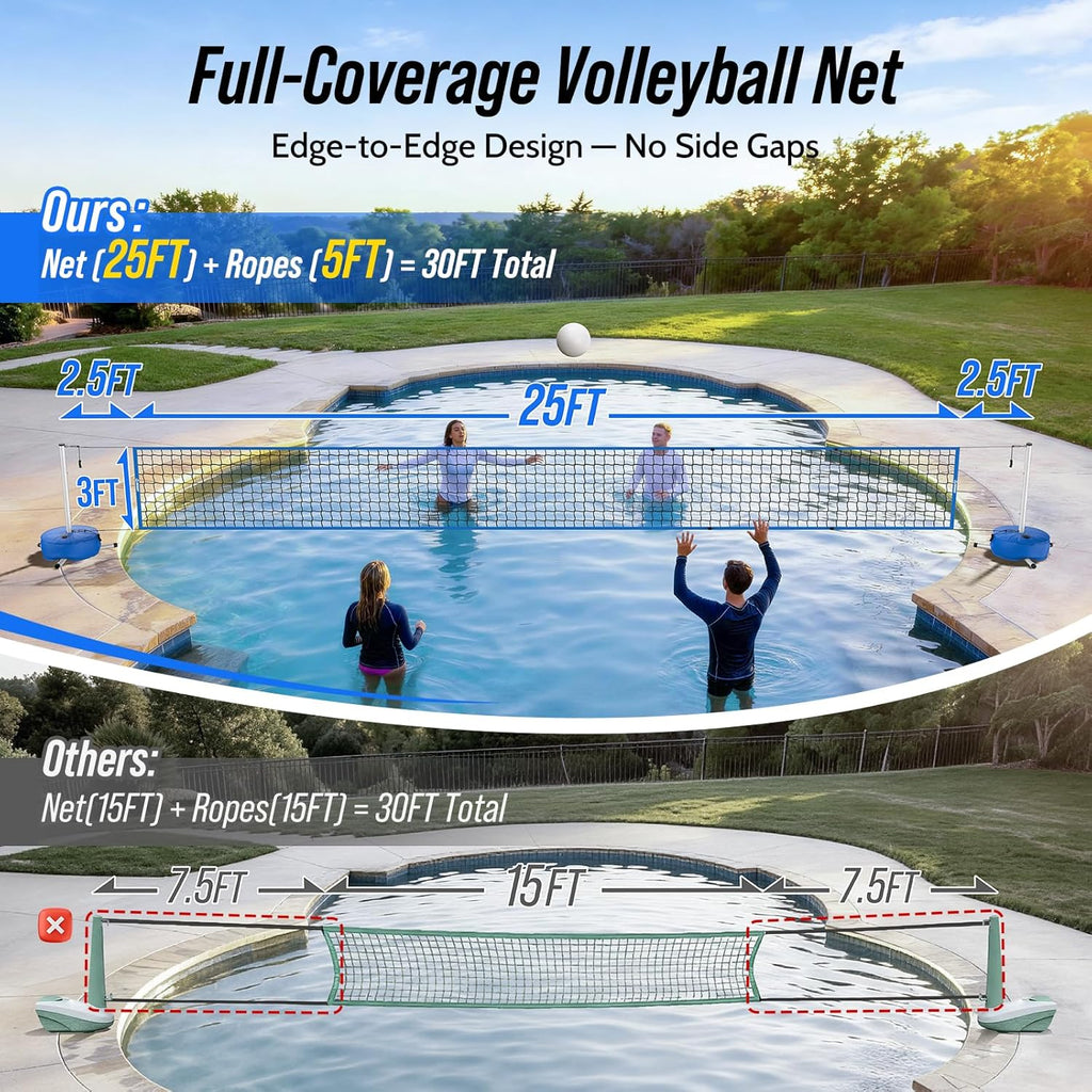 Pool Volleyball Net Set for Inground Pools, 15-30FT Adjustable Full-Coverage Net (No Gap Design), Pool Games for Adults and Family, Poolside Volleyball Nets with Ball, Pump, Weighted Base