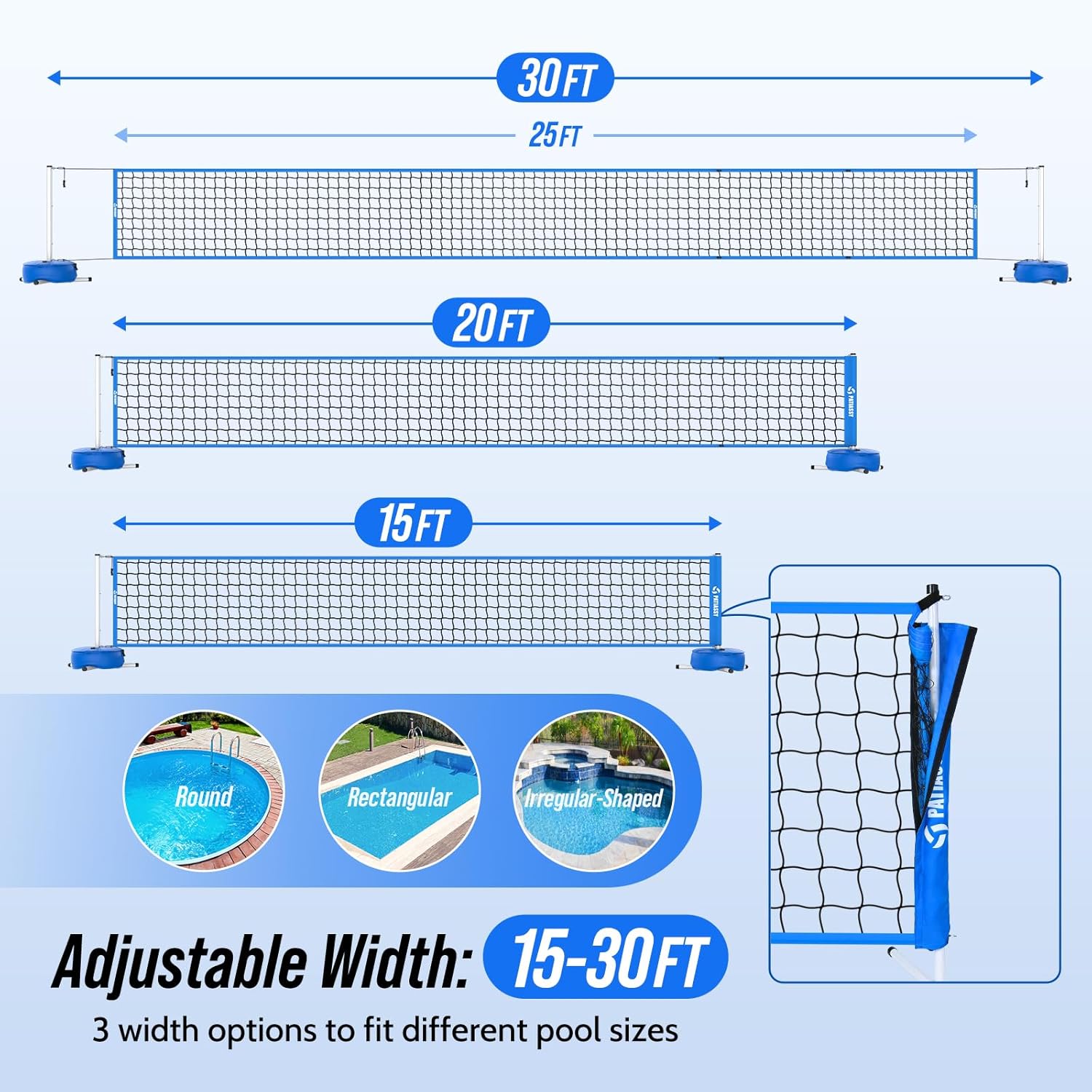 Pool Volleyball Net Set for Inground Pools, 15-30FT Adjustable Full-Coverage Net (No Gap Design), Pool Games for Adults and Family, Poolside Volleyball Nets with Ball, Pump, Weighted Base