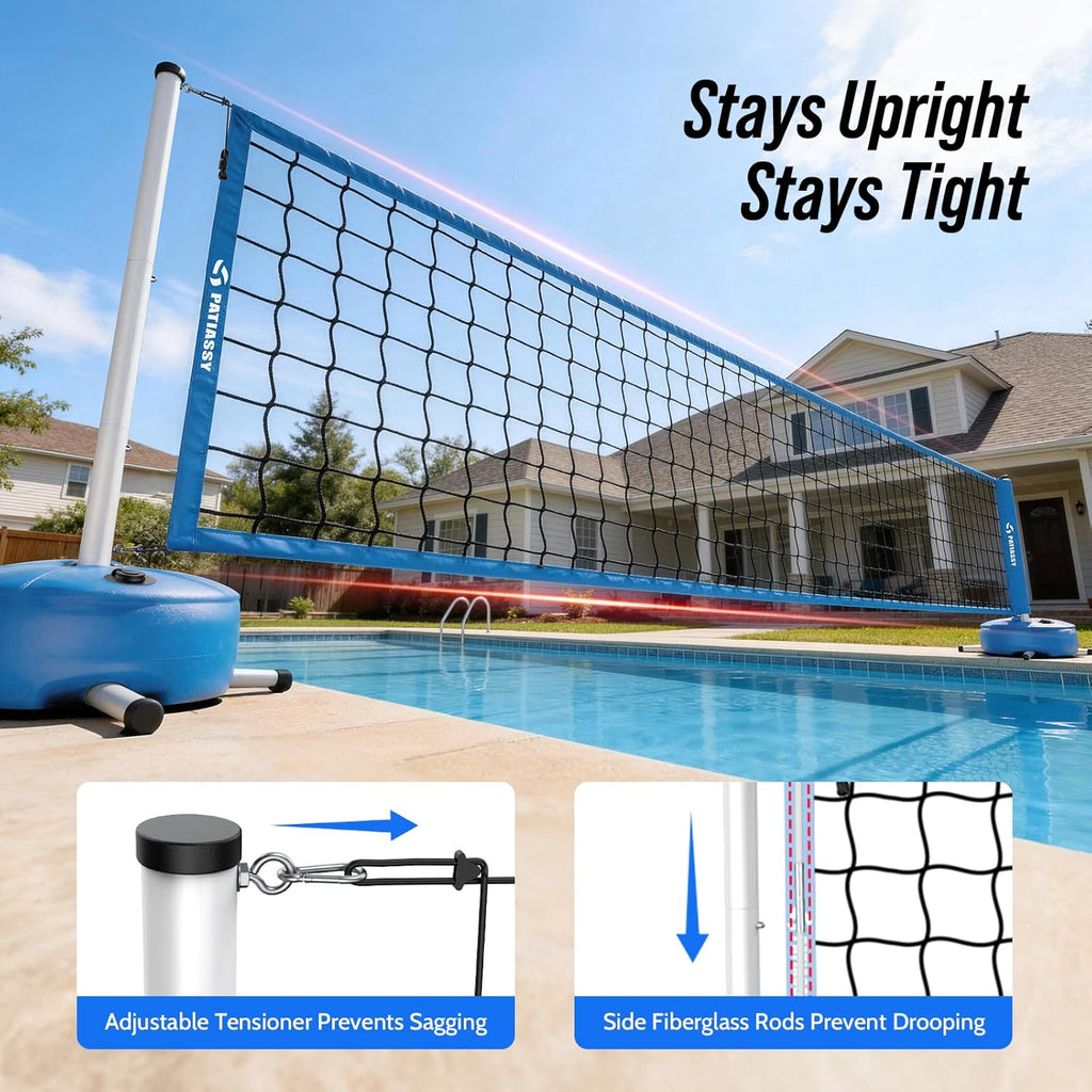 Pool Volleyball Net Set for Inground Pools, 15-30FT Adjustable Full-Coverage Net (No Gap Design), Pool Games for Adults and Family, Poolside Volleyball Nets with Ball, Pump, Weighted Base
