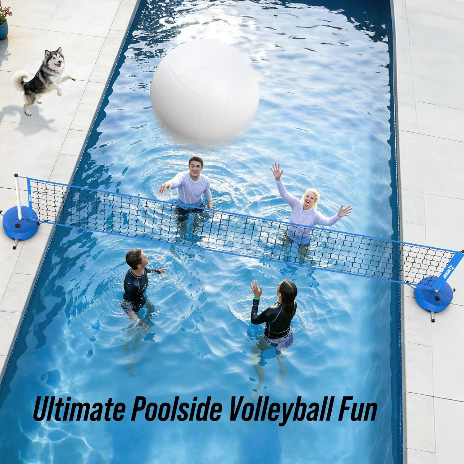 Pool Volleyball Net Set for Inground Pools, 15-30FT Adjustable Full-Coverage Net (No Gap Design), Pool Games for Adults and Family, Poolside Volleyball Nets with Ball, Pump, Weighted Base