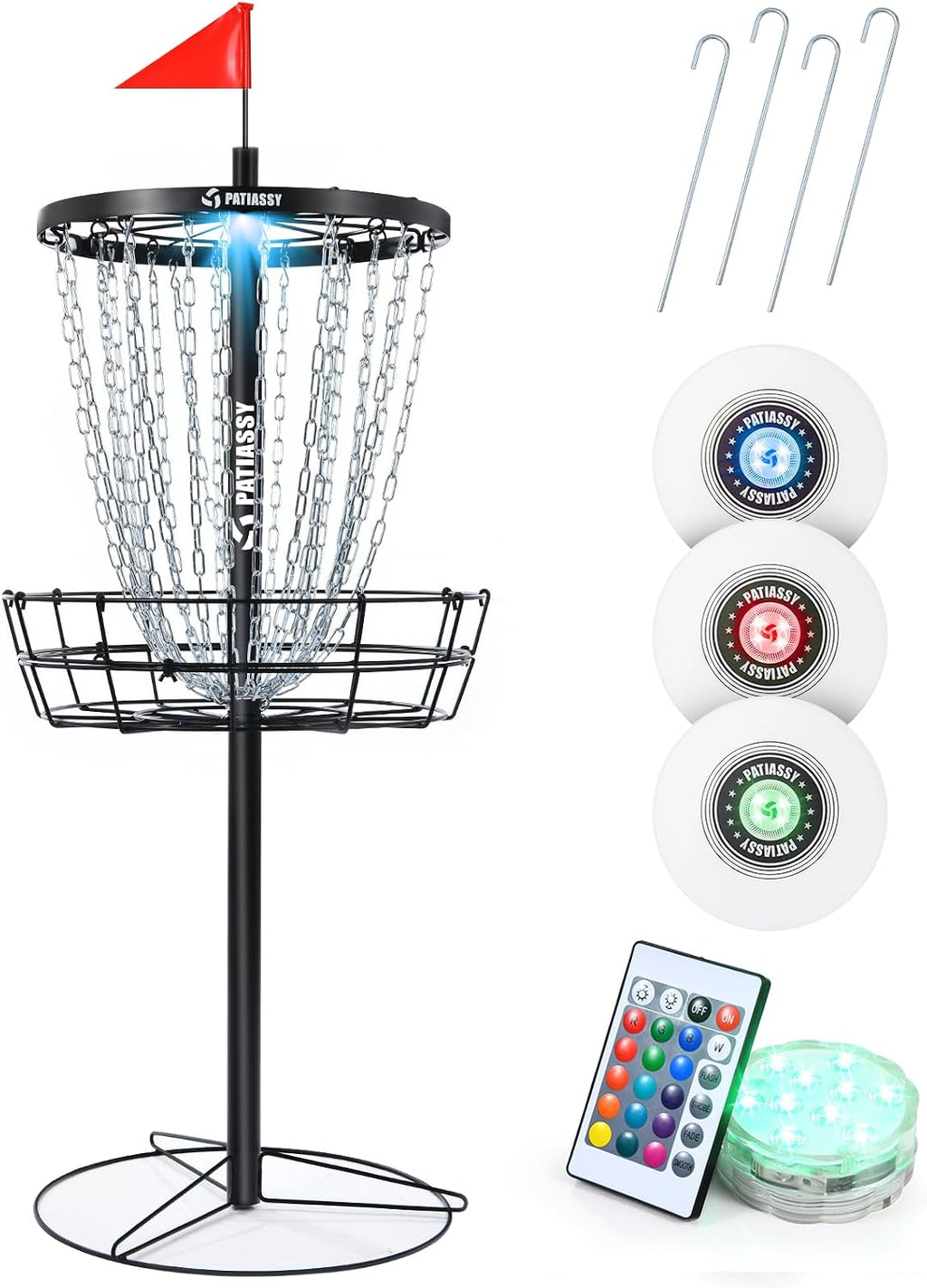 Patiassy Portable Disc Golf Basket, 24/12 Detachable Chains Disk Golf Target with Sound Reducer for Quiet Practice, Night Practice Set with Remote LED Light, 3 Light Up Discs & 4 Ground Stakes