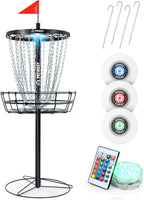 Patiassy Portable Disc Golf Basket, 24/12 Detachable Chains Disk Golf Target with Sound Reducer for Quiet Practice, Night Practice Set with Remote LED Light, 3 Light Up Discs & 4 Ground Stakes
