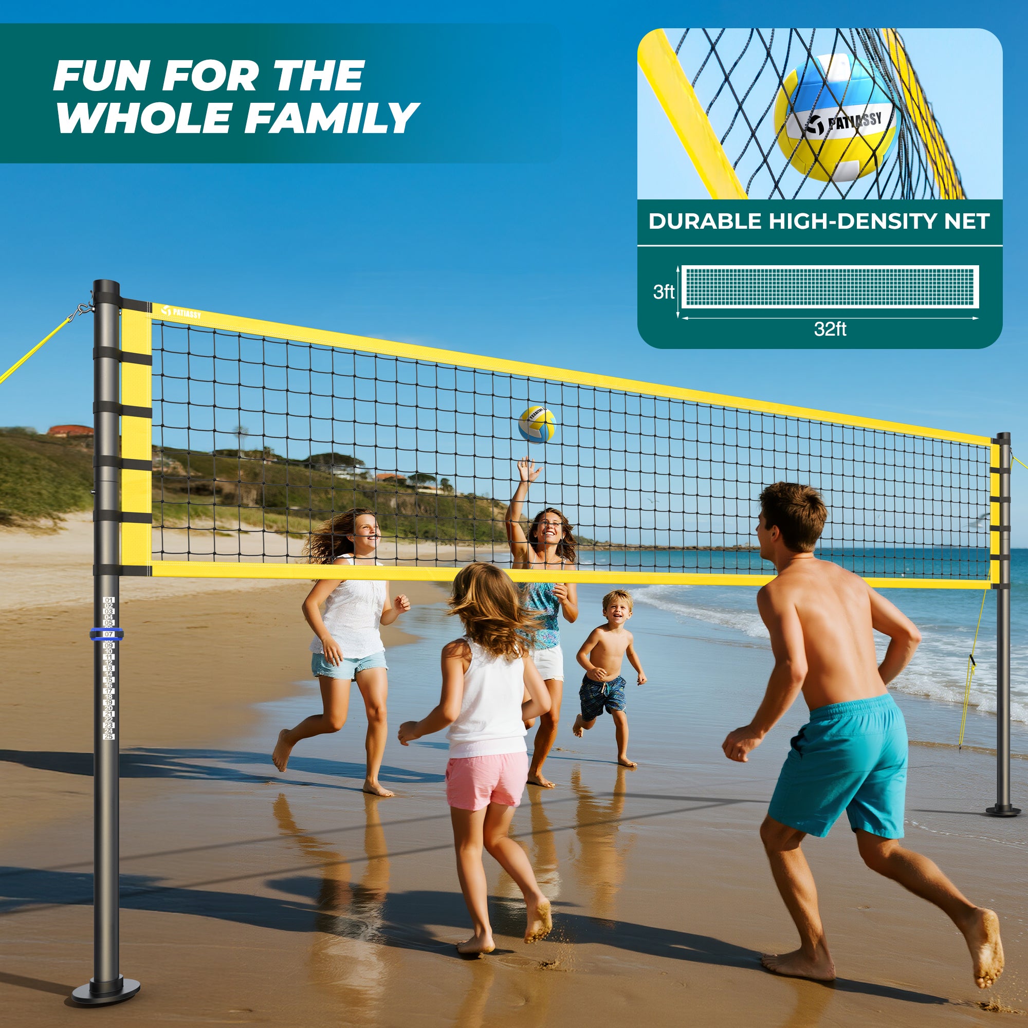 Patiassy 32ft Outdoor Portable Volleyball Net Set System - Adjustable Height Steel Poles, PU Volleyball with Pump and Carrying Bag for Beach Backyard