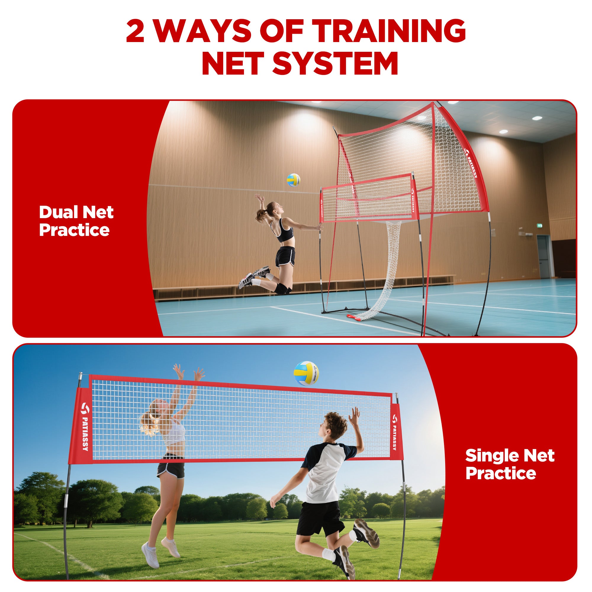 Patiassy Volleyball Training Net System for Spiking Practice, Portable Volleyball Practice Equipment for Solo Training, Backyard & School Use