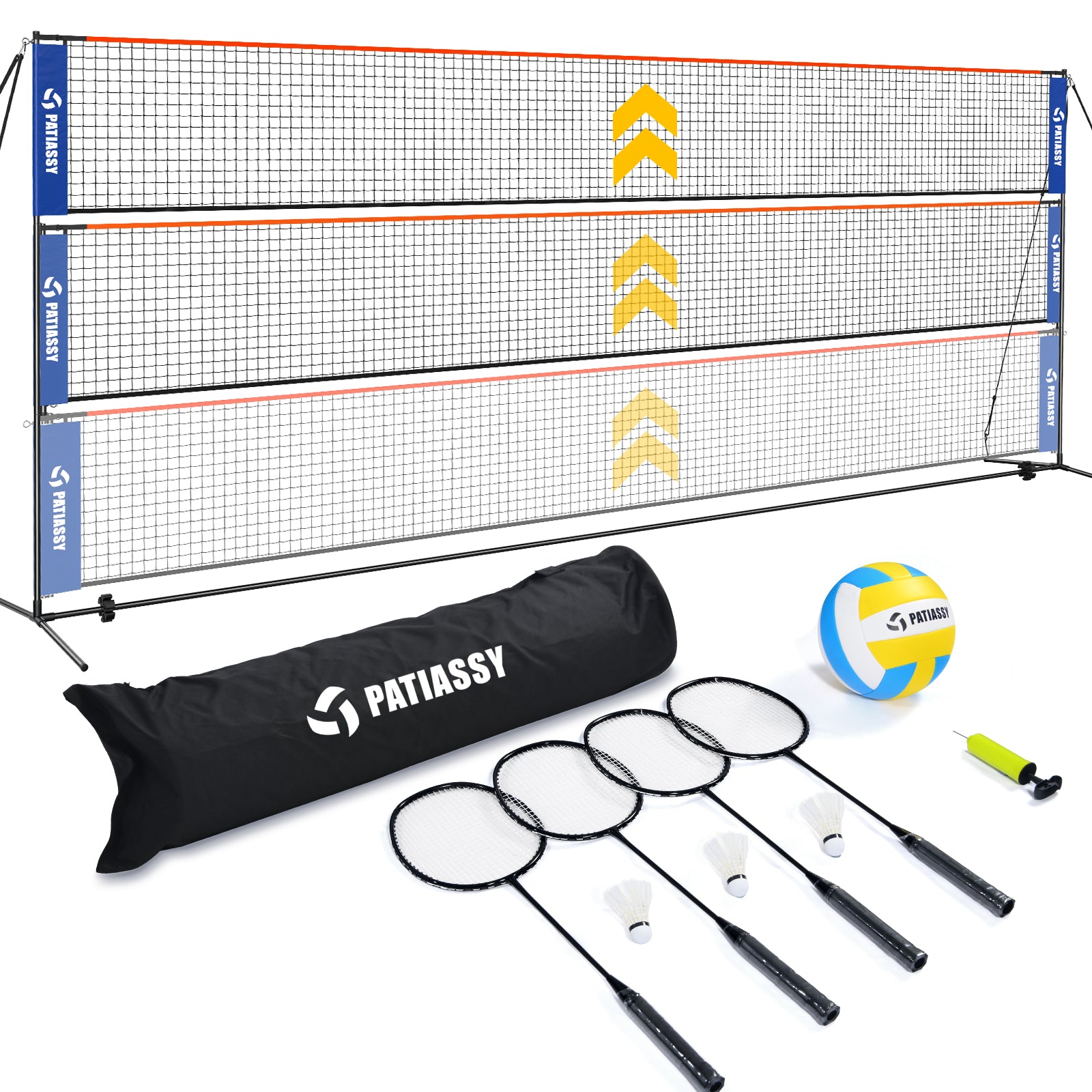 Volleyball Badminton Pickleball 3-in-1 Combo Net Set for Backyards, 5.1-7.4ft Adjustable Height Freestanding Indoor Sports Nets, Portable 17ft Outdoor Net with Carry Bag, Rackets and Balls