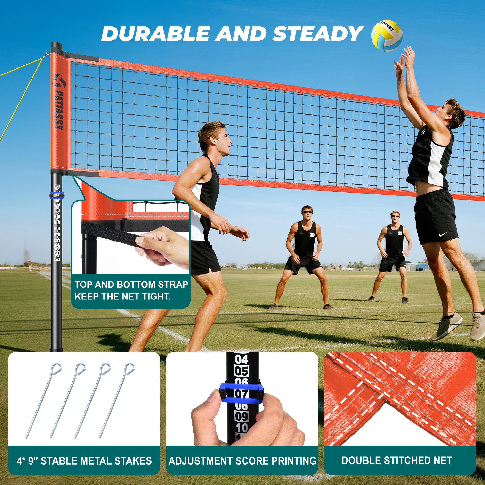 Patiassy Professional Outdoor Volleyball Net Set with Adjustable Height Poles, Winch System, Volleyball with Pump and Carrying Bag for Backyard Beach