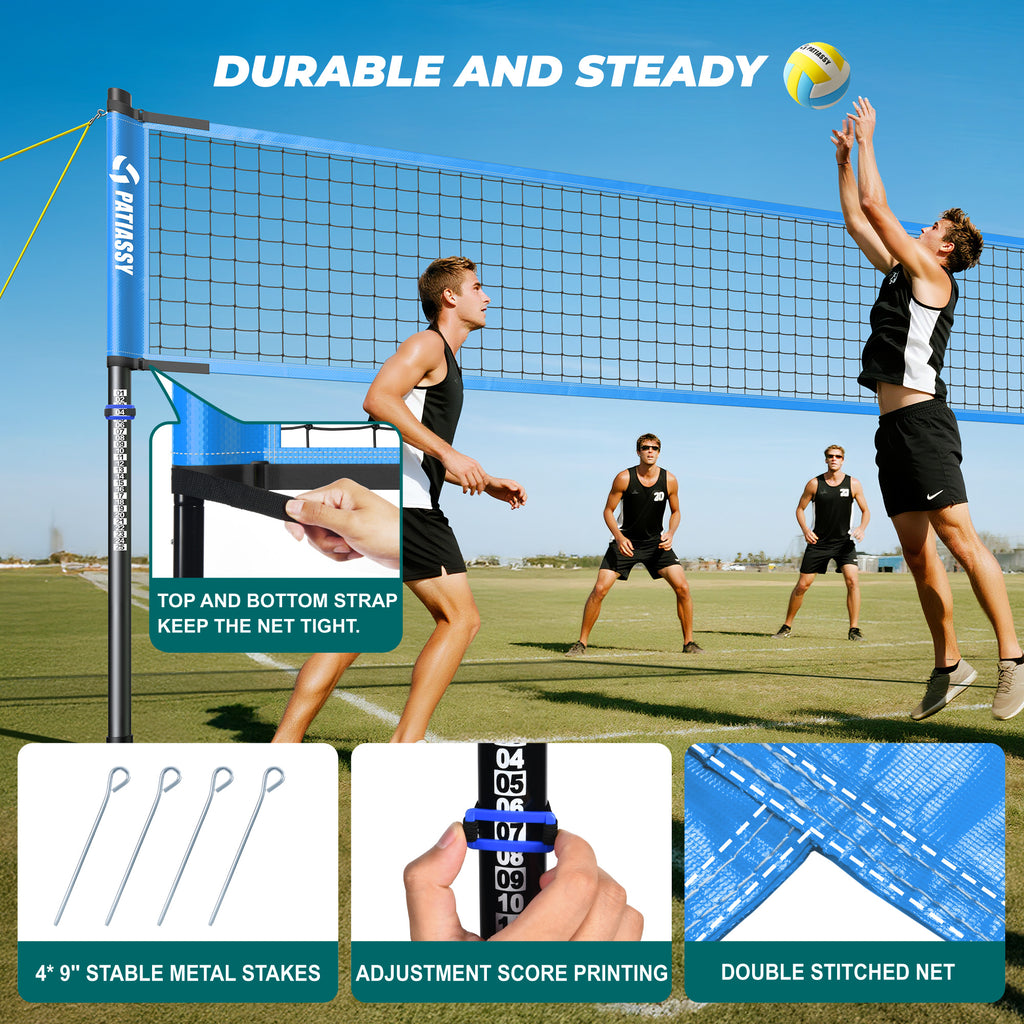 Patiassy Outdoor Portable Volleyball Net Set for Backyard Adjustable Height Steel Poles, PU Volleyball, Pump and Carrying Bag