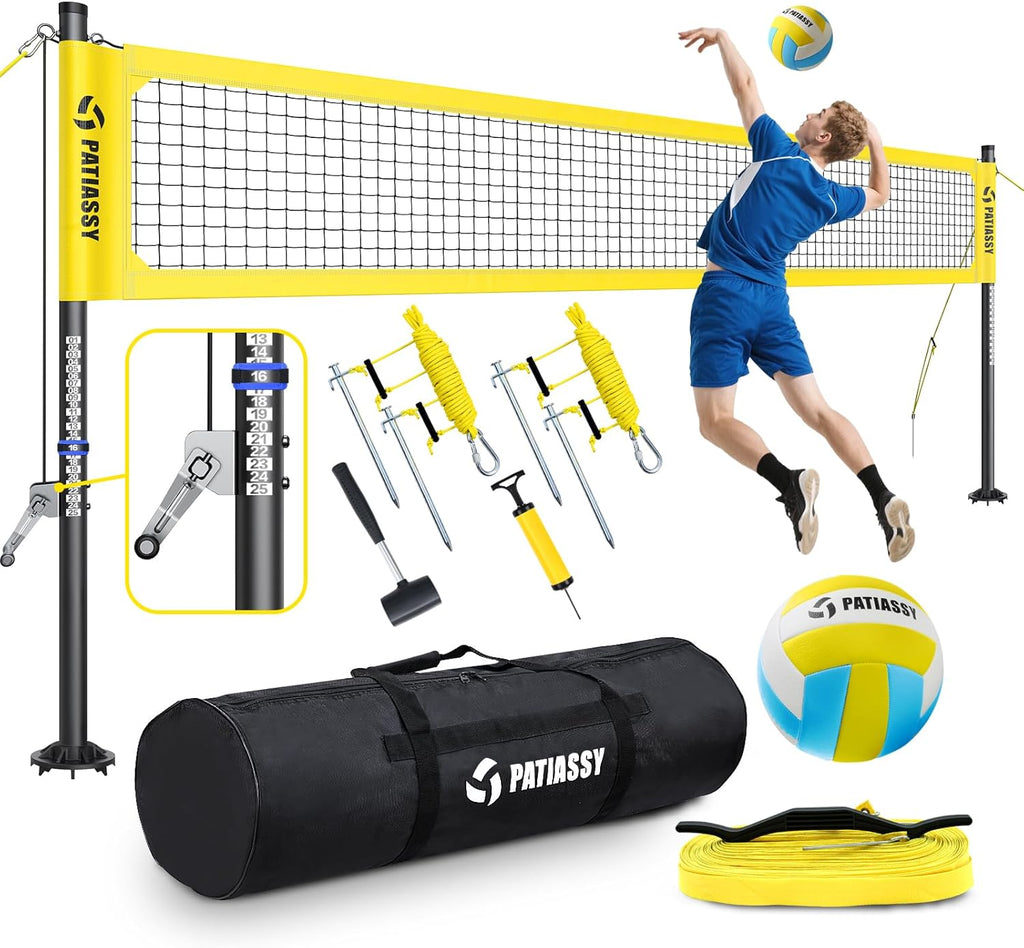 Professional Heavy Duty Volleyball Net Set for Backyard & Beach, Outdoor Net System with Steel Anti-Sag Winch, 32FT Reinforced Net, Height Adjustable Rust-Resistant Aluminum Poles, Portable Carry Bag