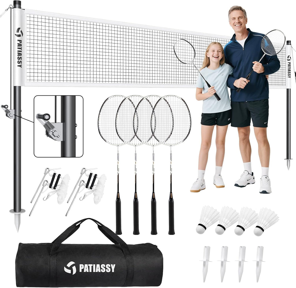 Professional Badminton Set with Carbon Fiber Badminton Rackets Set of 4, Outdoor Portable Badminton Net with Anti-Sag Winch System, 4 Nylon Badminton Shuttlecocks and Bag