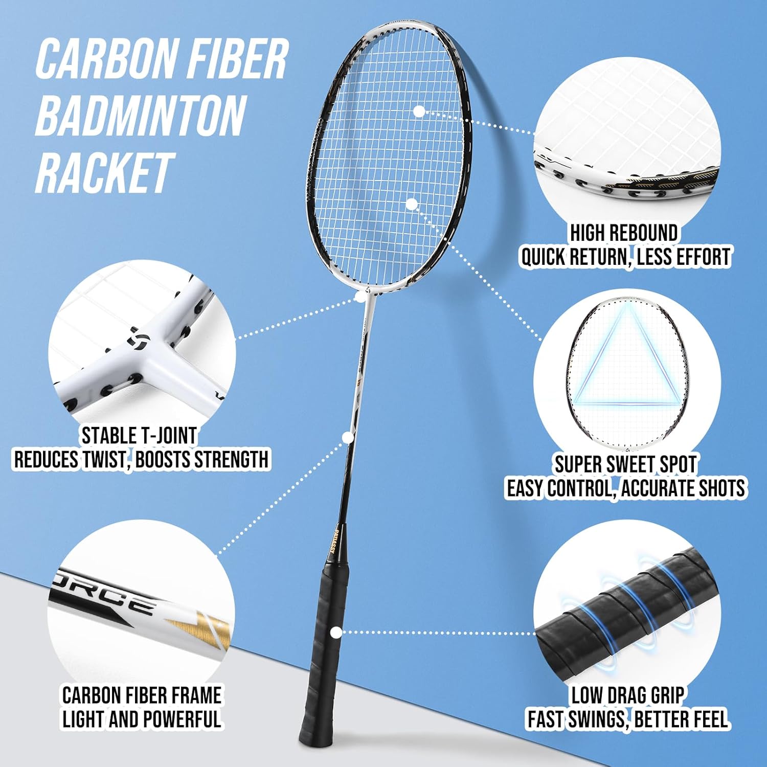 Professional Badminton Set with Carbon Fiber Badminton Rackets Set of 4, Outdoor Portable Badminton Net with Anti-Sag Winch System, 4 Nylon Badminton Shuttlecocks and Bag