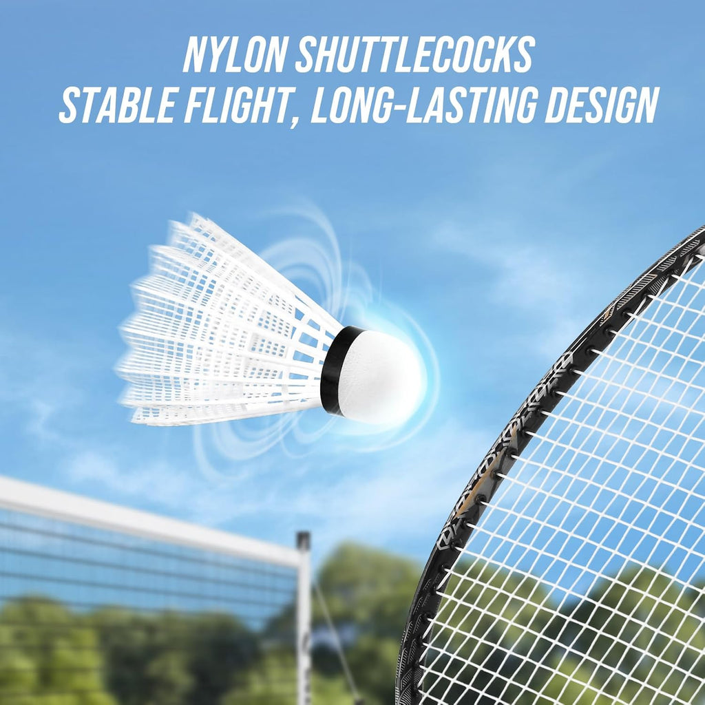 Professional Badminton Set with Carbon Fiber Badminton Rackets Set of 4, Outdoor Portable Badminton Net with Anti-Sag Winch System, 4 Nylon Badminton Shuttlecocks and Bag
