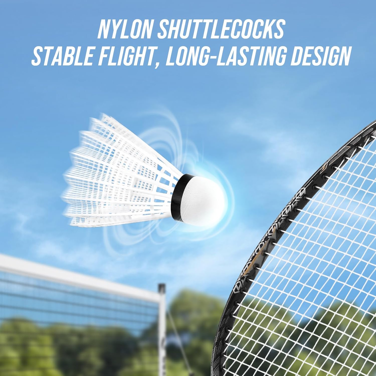 Professional Badminton Set with Carbon Fiber Badminton Rackets Set of 4, Outdoor Portable Badminton Net with Anti-Sag Winch System, 4 Nylon Badminton Shuttlecocks and Bag