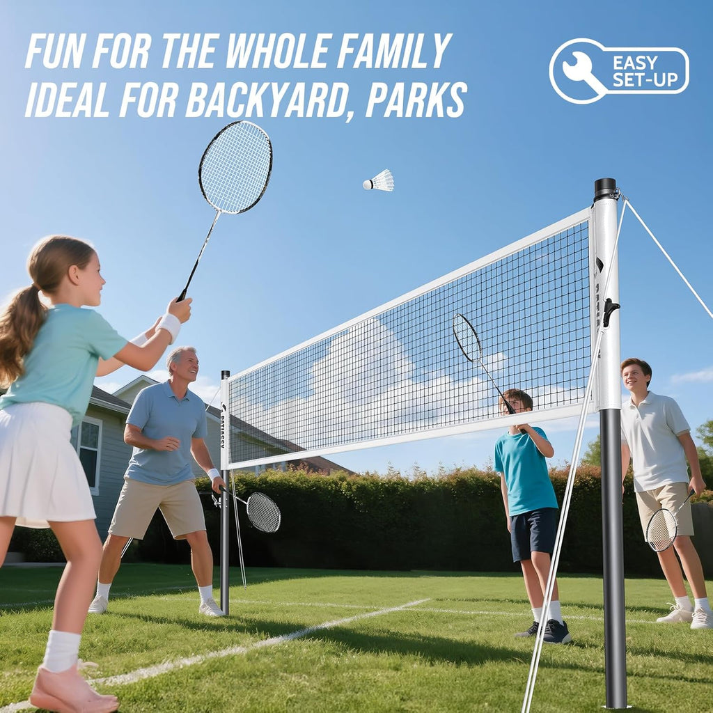 Professional Badminton Set with Carbon Fiber Badminton Rackets Set of 4, Outdoor Portable Badminton Net with Anti-Sag Winch System, 4 Nylon Badminton Shuttlecocks and Bag