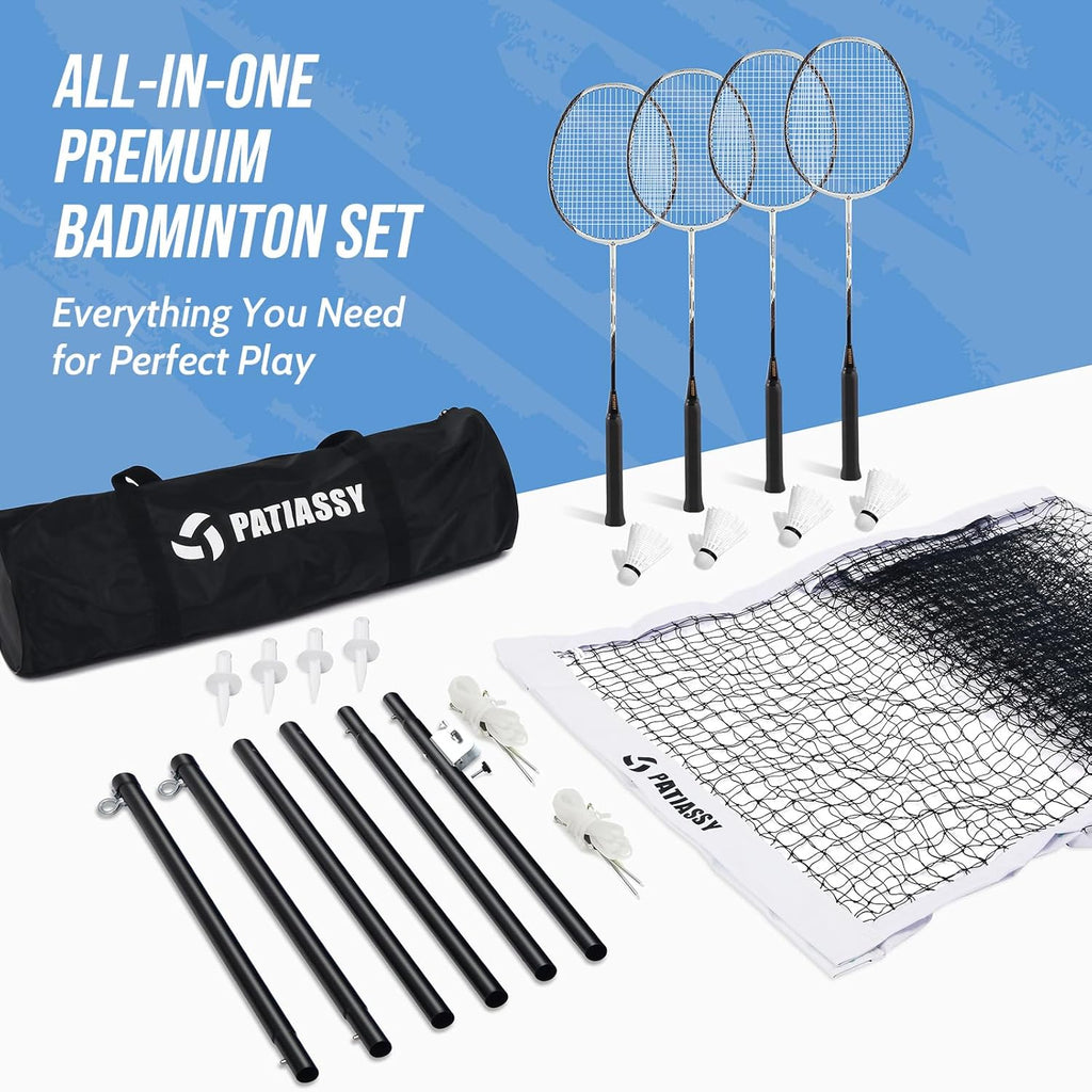 Professional Badminton Set with Carbon Fiber Badminton Rackets Set of 4, Outdoor Portable Badminton Net with Anti-Sag Winch System, 4 Nylon Badminton Shuttlecocks and Bag