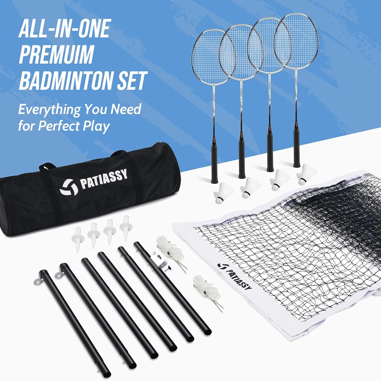 Professional Badminton Set with Carbon Fiber Badminton Rackets Set of 4, Outdoor Portable Badminton Net with Anti-Sag Winch System, 4 Nylon Badminton Shuttlecocks and Bag