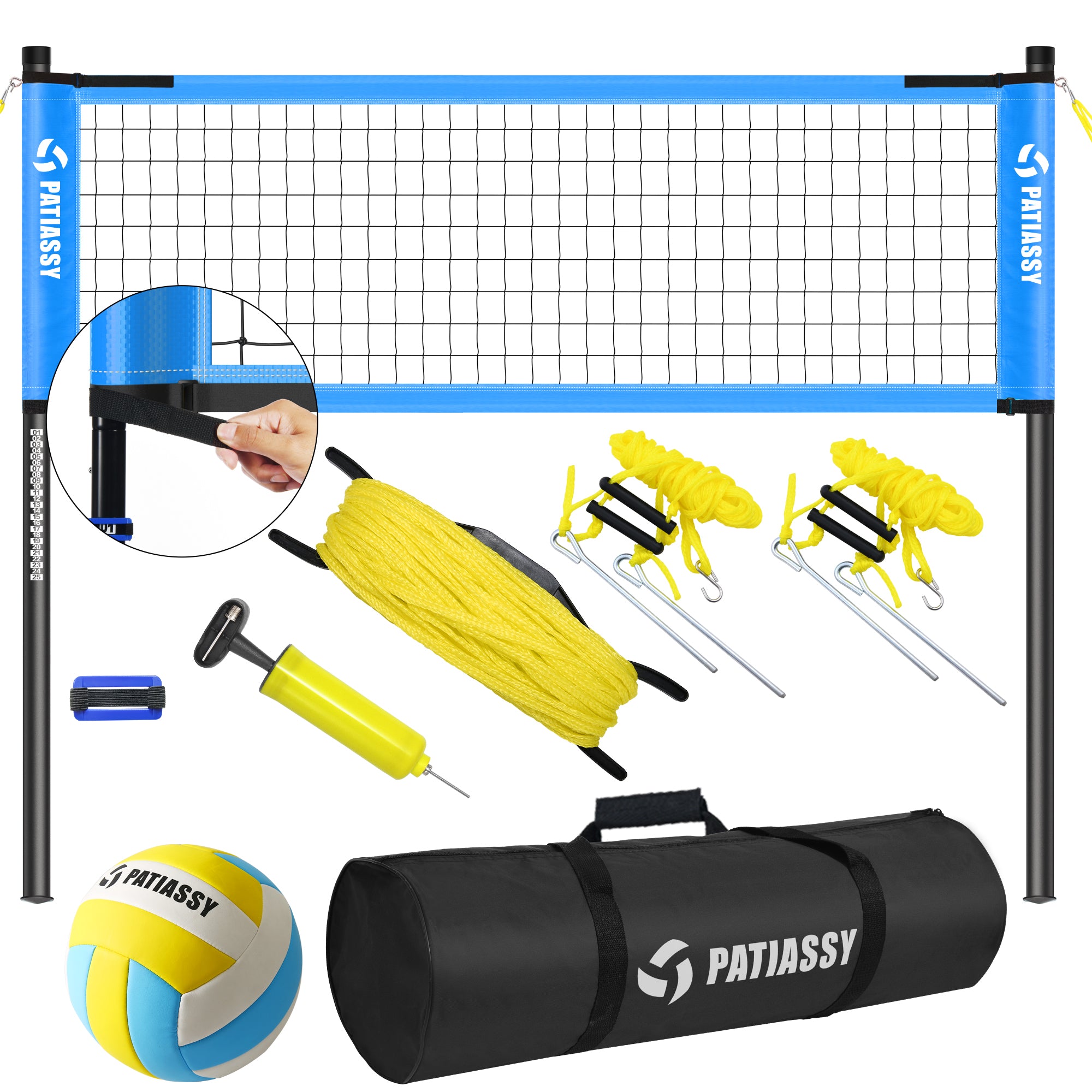 Patiassy Outdoor Portable Volleyball Net Set for Backyard Adjustable Height Steel Poles, PU Volleyball, Pump and Carrying Bag