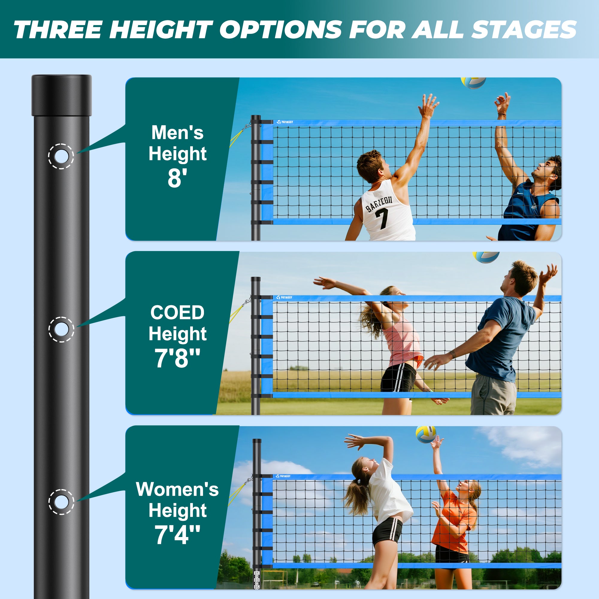 Patiassy 32FT Outdoor Portable Volleyball Net Set System for Backyard - Quick & Easy Setup Adjustable Height Steel Poles, PU Volleyball, Pump and Carrying Bag