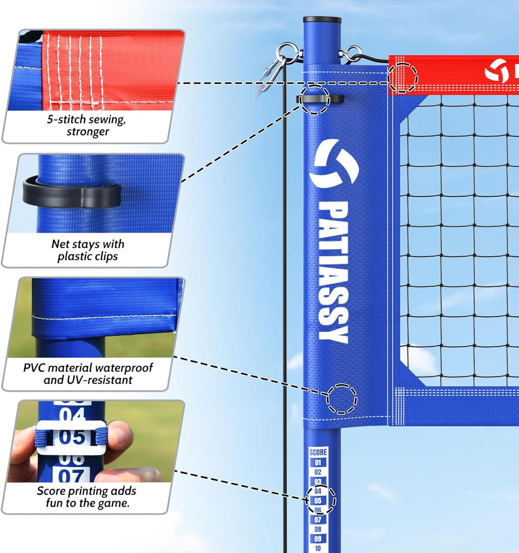 Professional Heavy Duty Volleyball Net Set for Backyard & Beach, Outdoor Net System with Steel Anti-Sag Winch, 32FT Reinforced Net, Height Adjustable Rust-Resistant Aluminum Poles, Portable Carry Bag