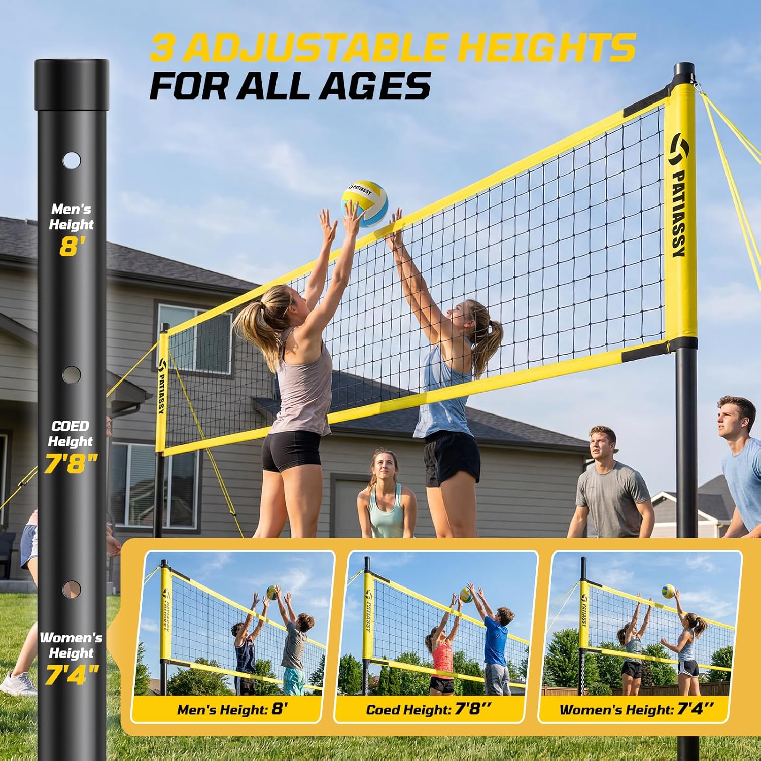 Outdoor Volleyball Net Set, 32FT Anti-Sag Net System, Easy Setup Adjustable Height Poles, Portable Complete Set with Volleyball, Pump, Hammer, Boundary Line & Carry Bag for Backyard Beach Lawn