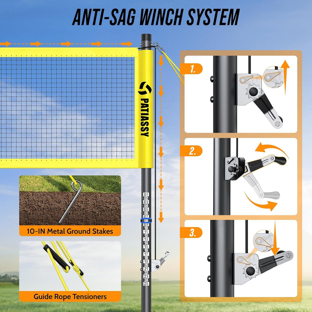 Outdoor Volleyball Net System for Backyard, Adjustable Height (5.1–8FT) & Width (20–32FT), Anti-Sag Tension System, 2-in-1 Badminton Combo Set with Carry Bag, Rackets & Shuttlecocks