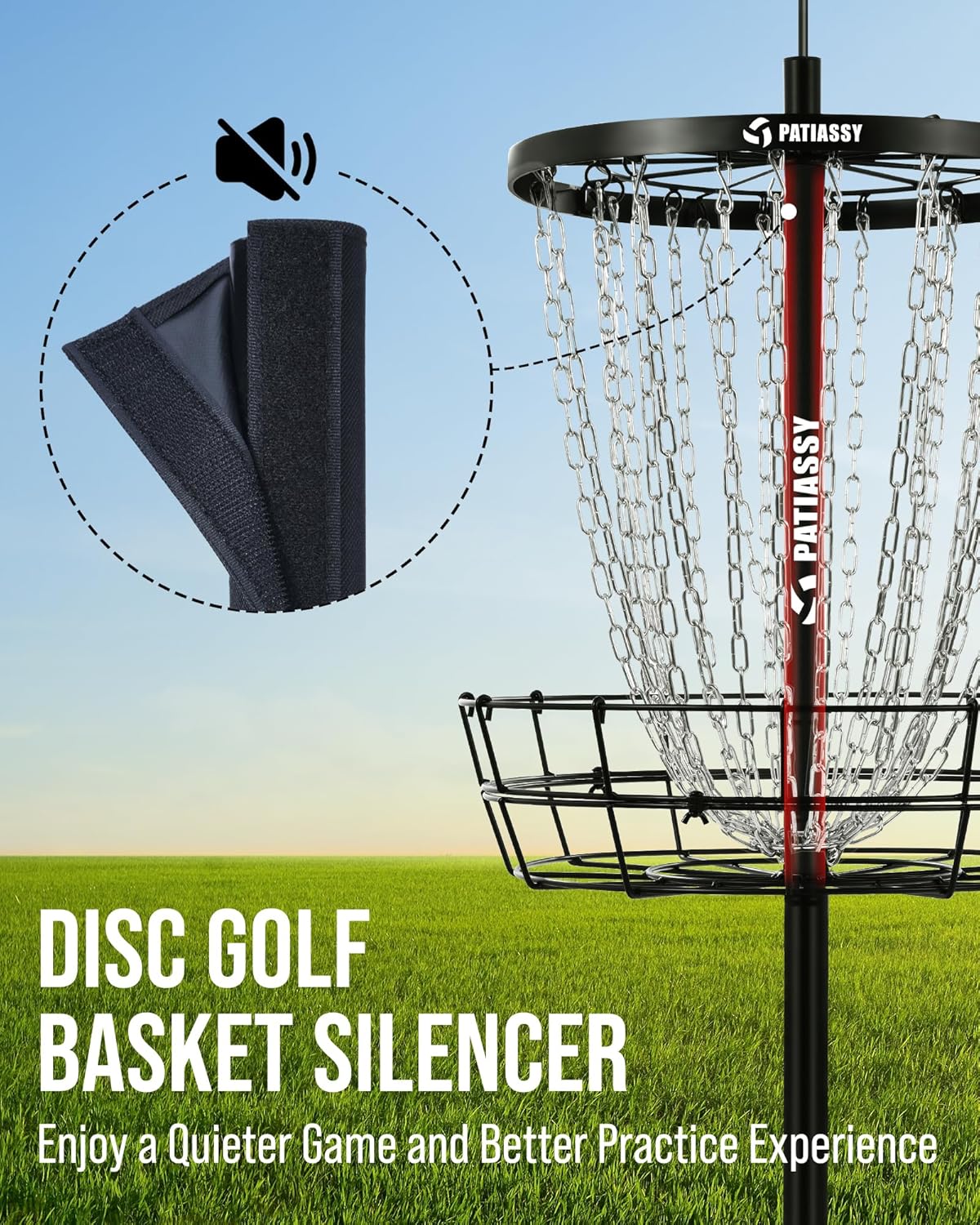 Patiassy Portable Disc Golf Basket, 24/12 Detachable Chains Disk Golf Target with Sound Reducer for Quiet Practice, Night Practice Set with Remote LED Light, 3 Light Up Discs & 4 Ground Stakes