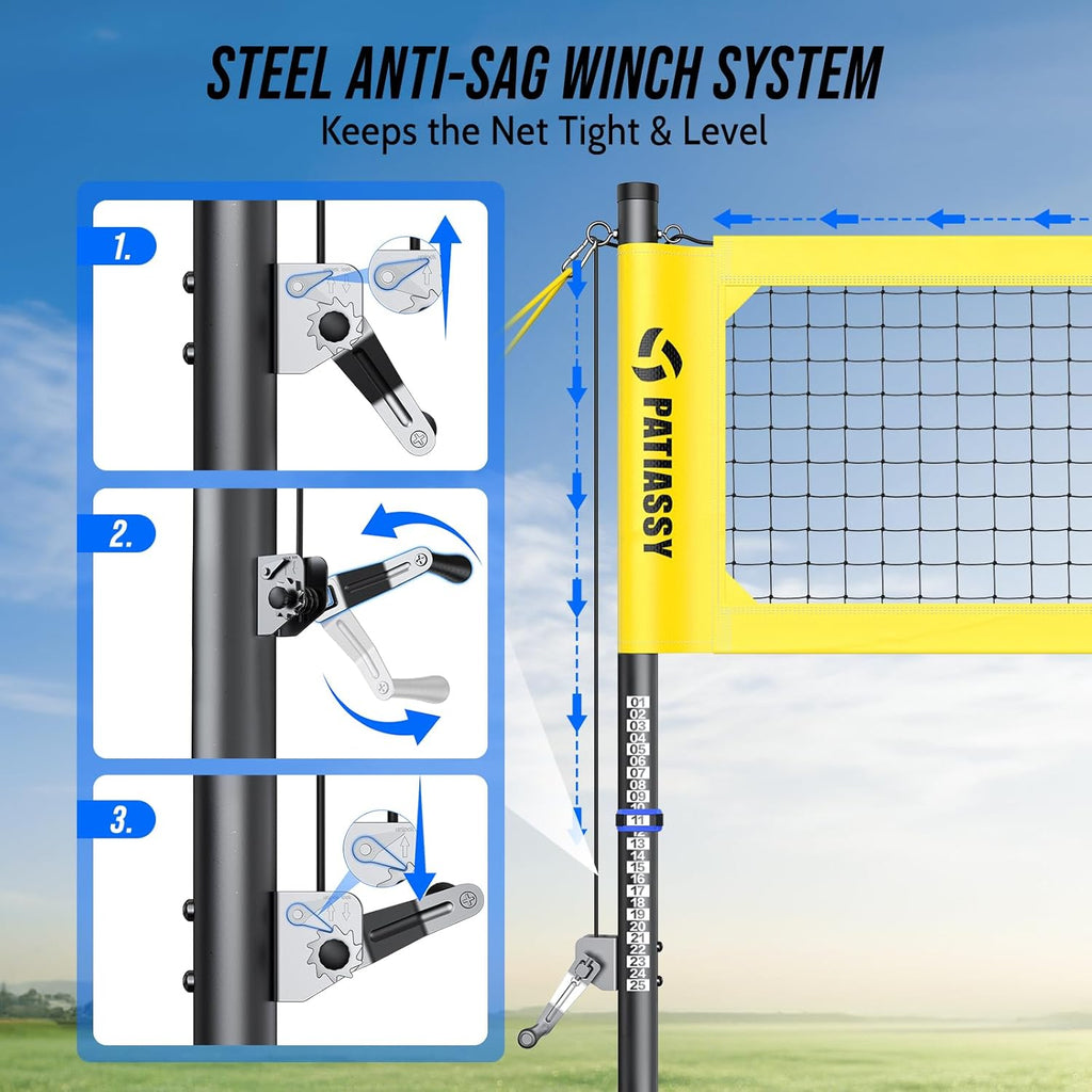 Professional Heavy Duty Volleyball Net Set for Backyard & Beach, Outdoor Net System with Steel Anti-Sag Winch, 32FT Reinforced Net, Height Adjustable Rust-Resistant Aluminum Poles, Portable Carry Bag