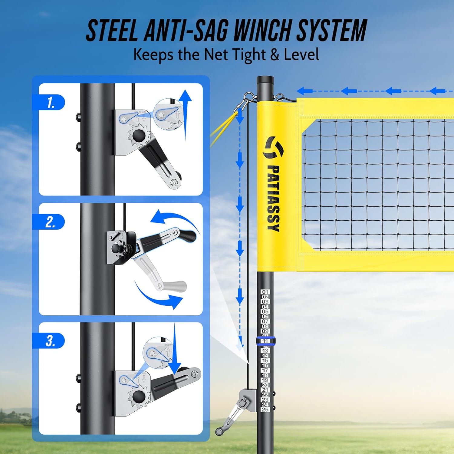 Professional Heavy Duty Volleyball Net Set for Backyard & Beach, Outdoor Net System with Steel Anti-Sag Winch, 32FT Reinforced Net, Height Adjustable Rust-Resistant Aluminum Poles, Portable Carry Bag