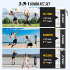 Volleyball Badminton Pickleball 3-in-1 Combo Net Set for Backyards, 5.1-7.4ft Adjustable Height Freestanding Indoor Sports Nets, Portable 17ft Outdoor Net with Carry Bag, Rackets and Balls