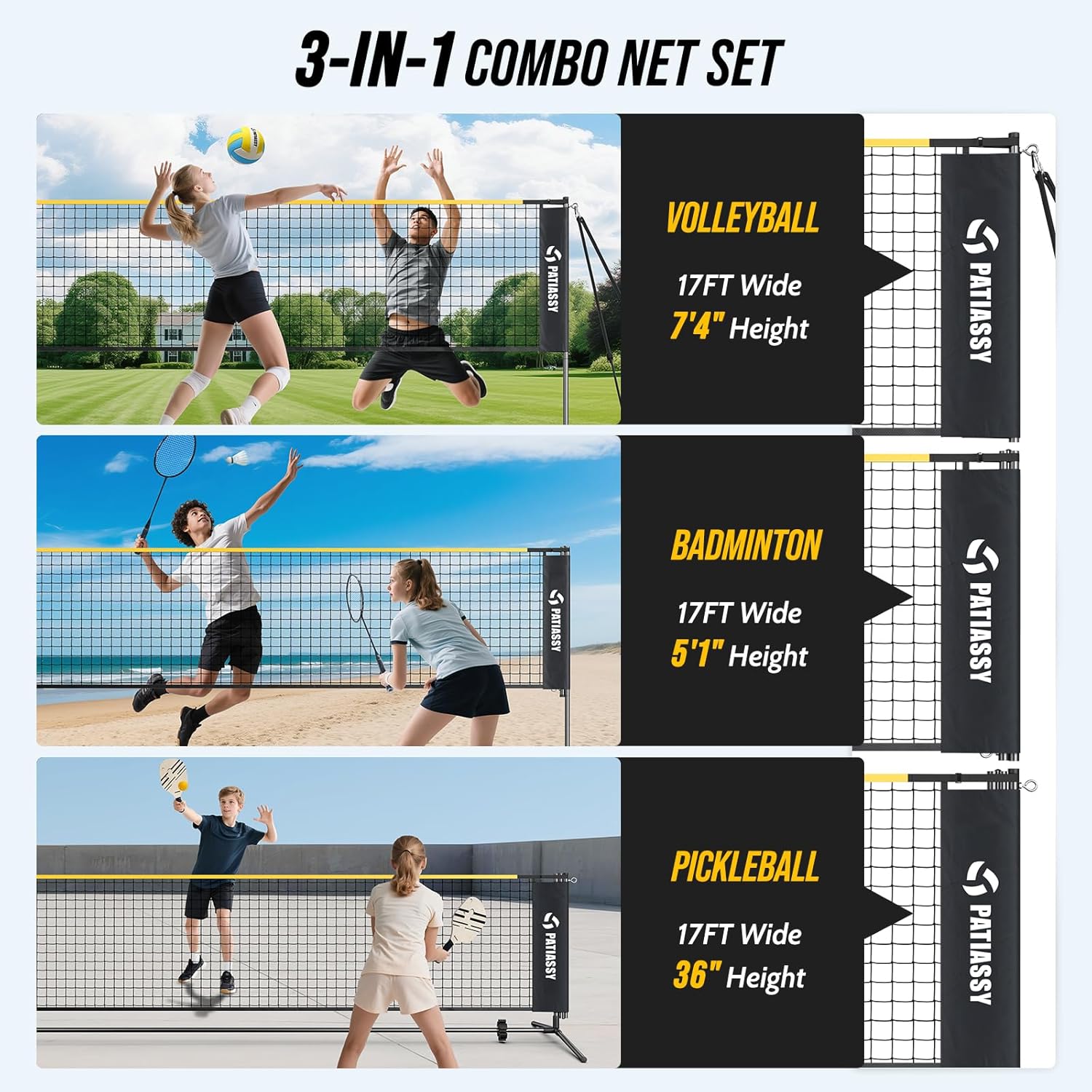 Volleyball Badminton Pickleball 3-in-1 Combo Net Set for Backyards, 5.1-7.4ft Adjustable Height Freestanding Indoor Sports Nets, Portable 17ft Outdoor Net with Carry Bag, Rackets and Balls