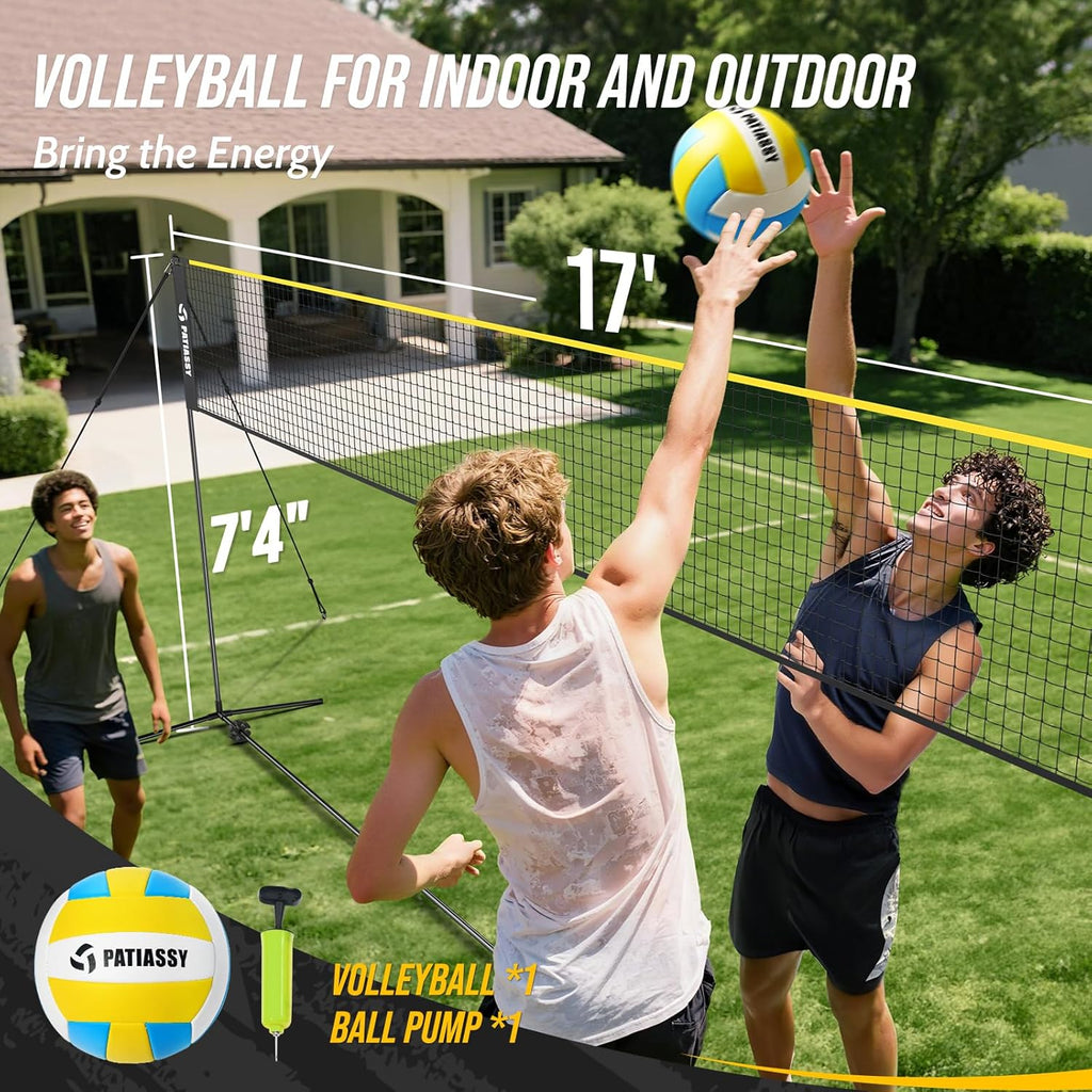 Volleyball Badminton Pickleball 3-in-1 Combo Net Set for Backyards, 5.1-7.4ft Adjustable Height Freestanding Indoor Sports Nets, Portable 17ft Outdoor Net with Carry Bag, Rackets and Balls