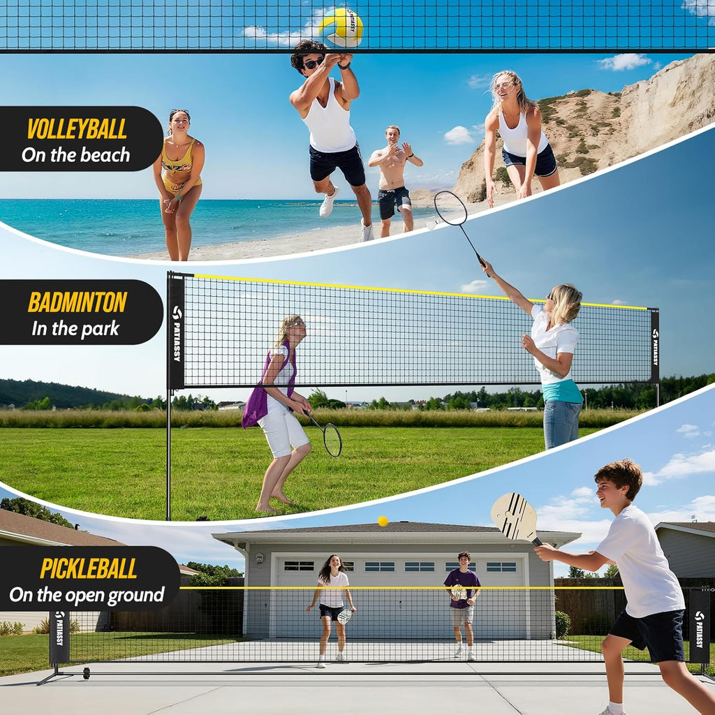 Volleyball Badminton Pickleball 3-in-1 Combo Net Set for Backyards, 5.1-7.4ft Adjustable Height Freestanding Indoor Sports Nets, Portable 17ft Outdoor Net with Carry Bag, Rackets and Balls