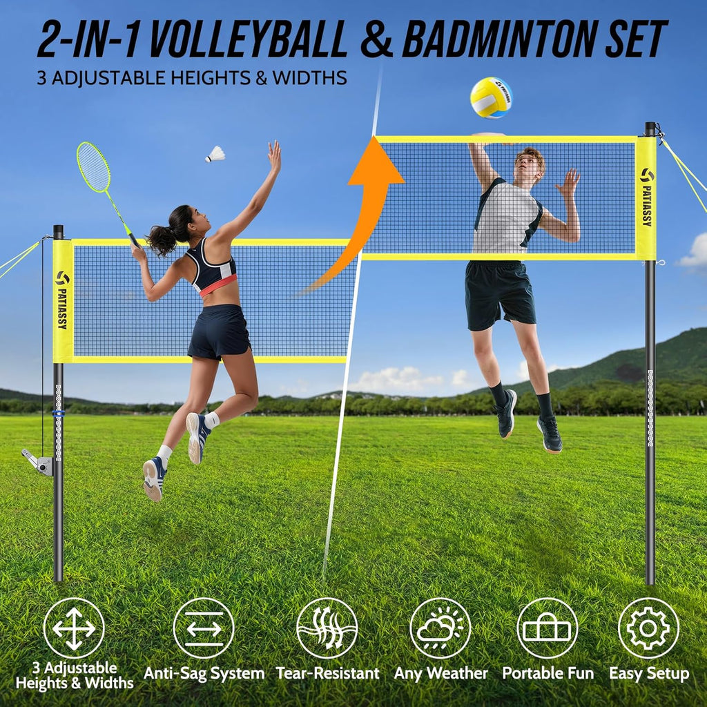 Outdoor Volleyball Net System for Backyard, Adjustable Height (5.1–8FT) & Width (20–32FT), Anti-Sag Tension System, 2-in-1 Badminton Combo Set with Carry Bag, Rackets & Shuttlecocks