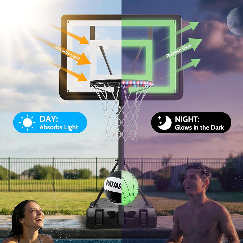Pool Basketball Hoop – Height Adjustable 57" to 68" Portable Poolside Basketball Hoop with Wheels, Glow-in-Dark Backboard & LED Rim, Glow Ball + Standard Ball, Indoor Outdoor Night Games