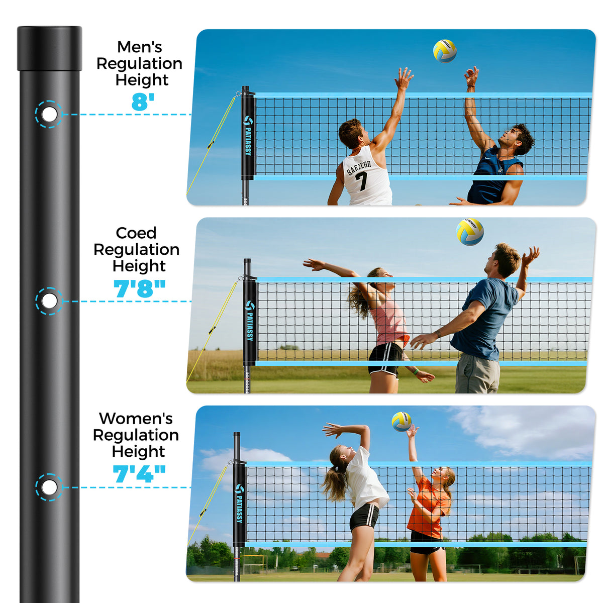 20FT Portable Outdoor Volleyball Net Set for Backyard with Anti-Sag Ground Stakes & Metal Pole Spikes for Stability, Rust-Resistant Steel Poles, Easy Setup, 3 Adjustable Heights, Carry Bag