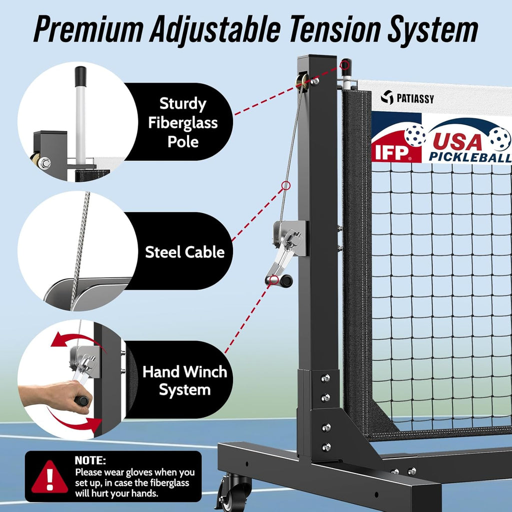 Tournament-Grade Pickleball Net, IFP/USAPA Standards Regulation Size, Rust-Resistant Aluminum Frame with Hand-Crank Tension System for Semi-Permanent or Mobile Court Use